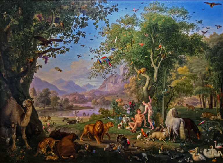 Public-domain painting of Adam and Eve in the Garden of Eden near the serpent and trees