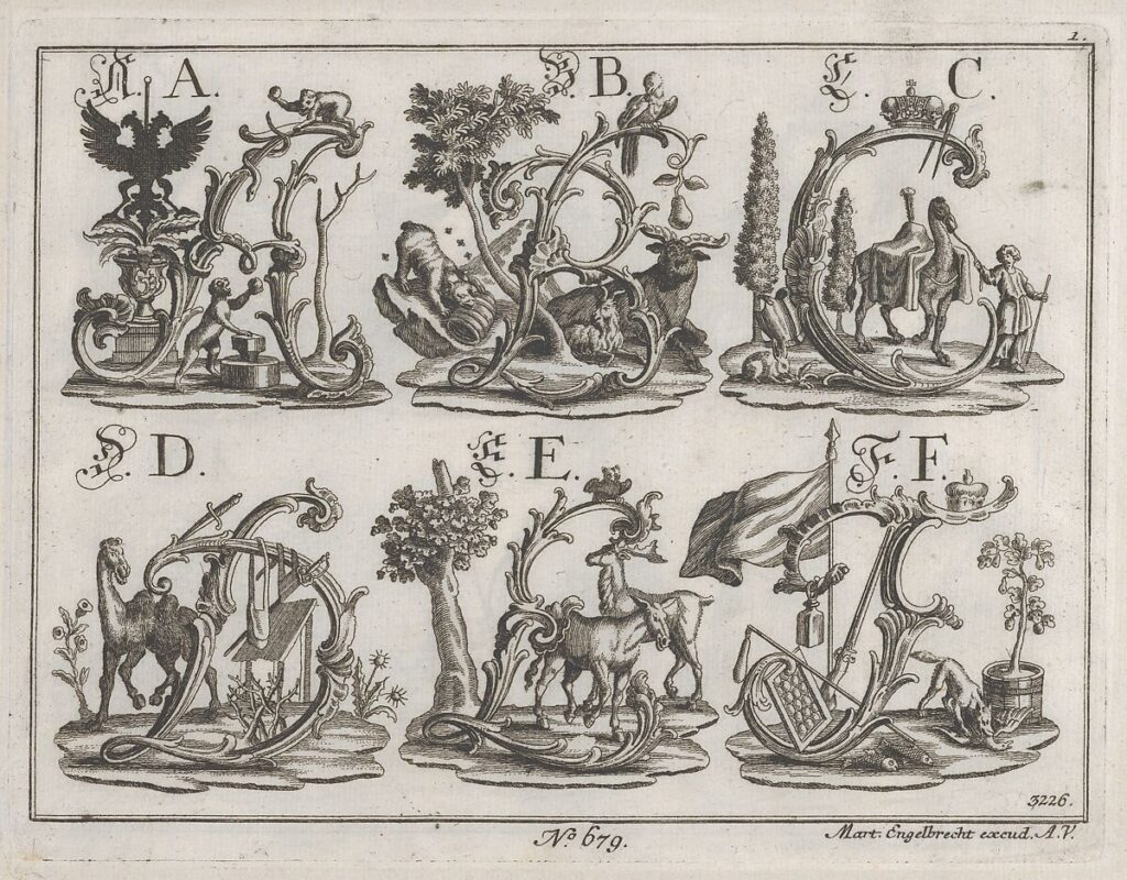 18th-century decorated Roman alphabet engraving published by Martin Engelbrecht