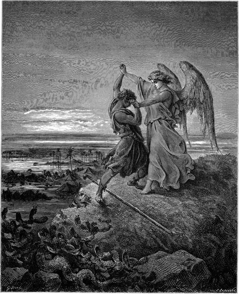 Gustave Doré illustration of Jacob wrestling with the angel.