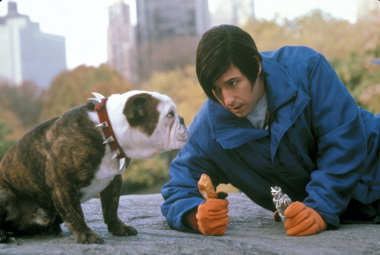 Adam Sandler as Nicky crouching beside Mr. Beefy in a real still from Little Nicky