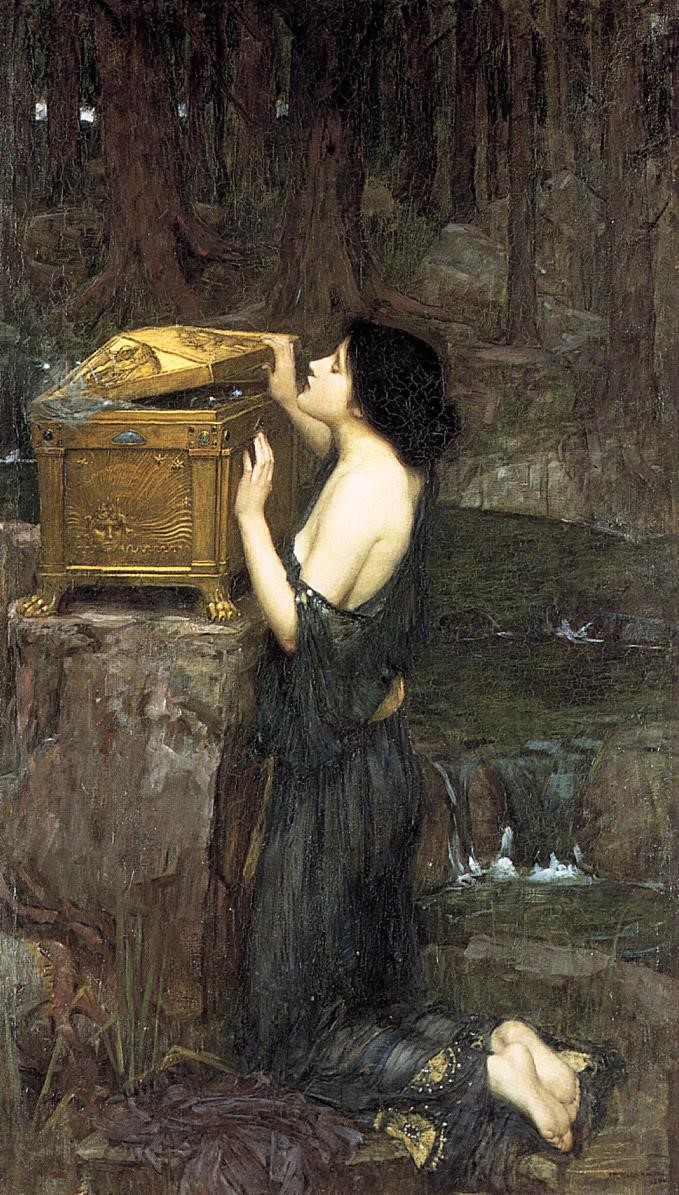 John William Waterhouse painting of Pandora opening an ornate box