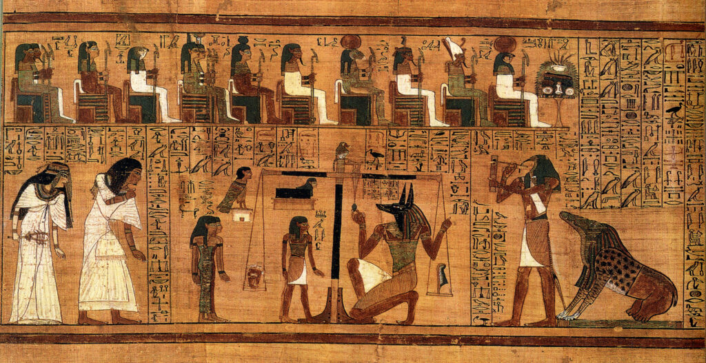 Papyrus of Ani judgment scene with Anubis weighing Ani’s heart against the feather of Ma’at