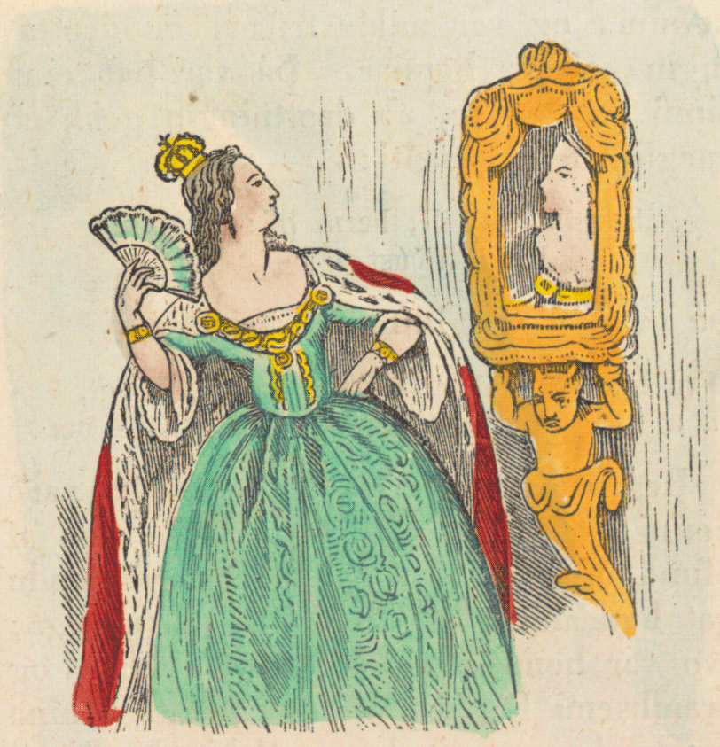 Public-domain illustration of the Queen consulting the magic mirror in Snow White