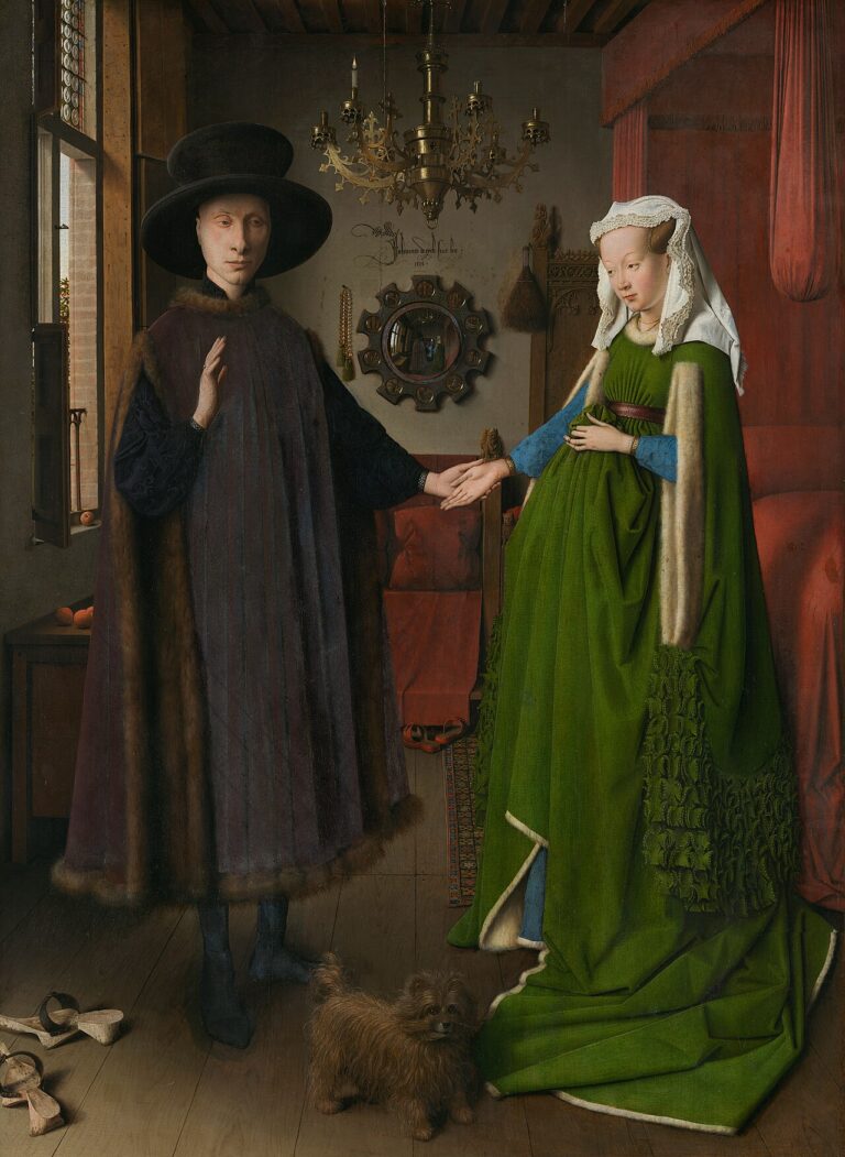 Jan van Eyck's 1434 Arnolfini Portrait with the convex mirror visible behind the couple