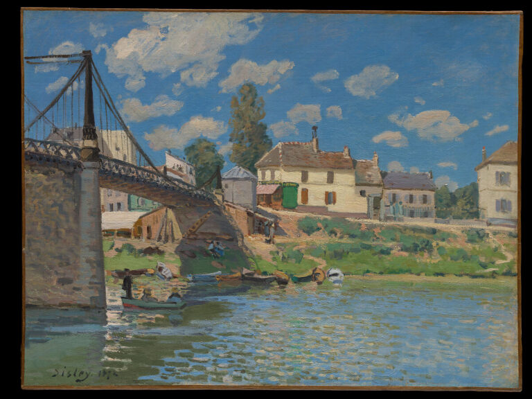 Alfred Sisley painting of a bridge spanning the Seine, with people near the riverbank.