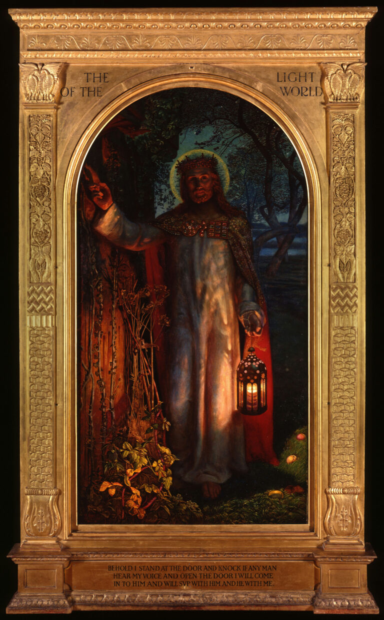 William Holman Hunt painting of Christ carrying a lantern and standing at a door