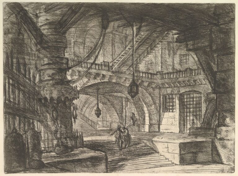 Giovanni Battista Piranesi's imaginary prison interior, The Pier with Chains, with monumental arches, stairs, barred openings, and suspended chains