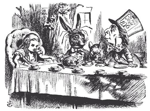 John Tenniel’s 1865 illustration of the Mad Tea Party with Alice, the Hatter, March Hare, and Dormouse.