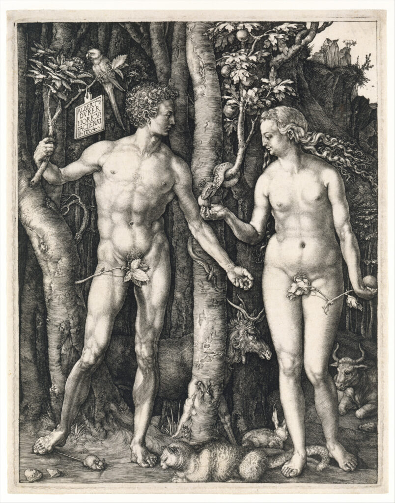 Albrecht Dürer, Adam and Eve, 1504 engraving with the Tree of Life and Tree of Knowledge.