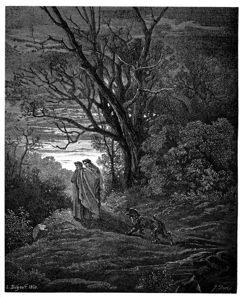 Gustave Doré illustration of Dante meeting Virgil in the dark wood