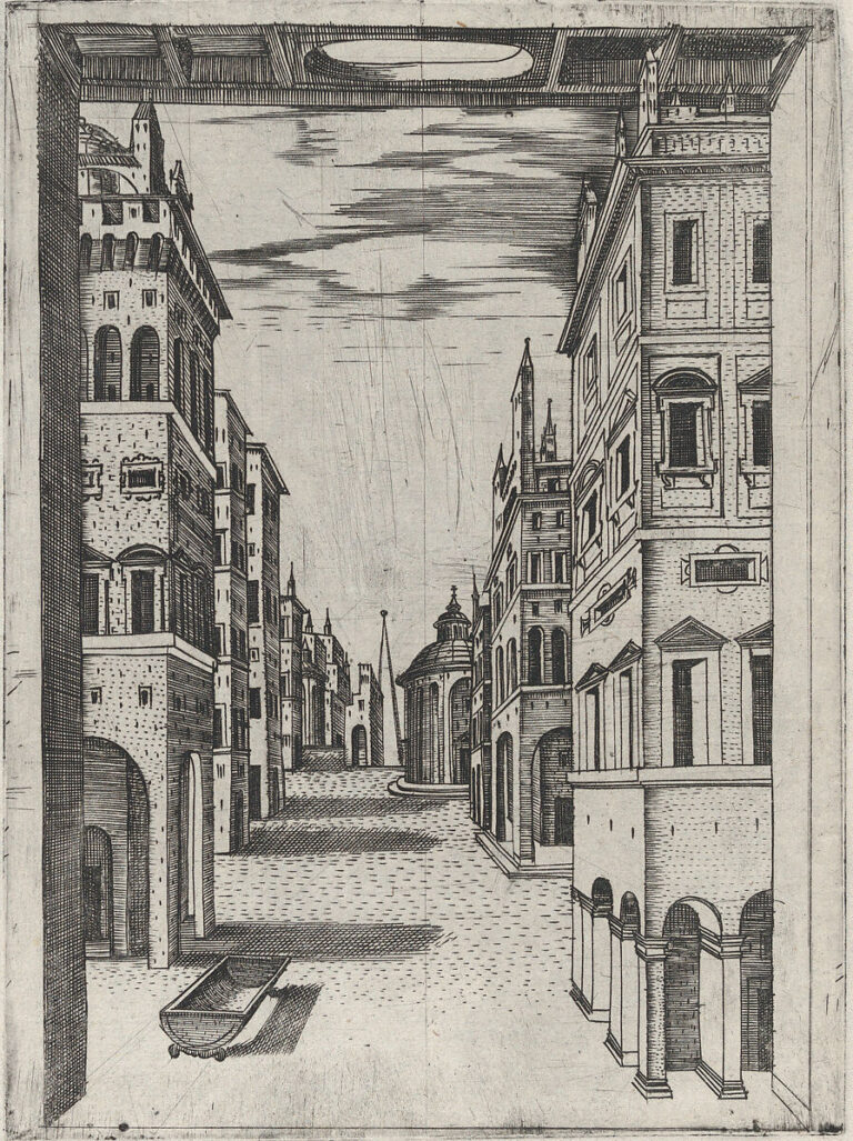 A sixteenth-century engraving of an ideal Renaissance city explicitly designed as a stage set, with the proscenium framing the constructed street.