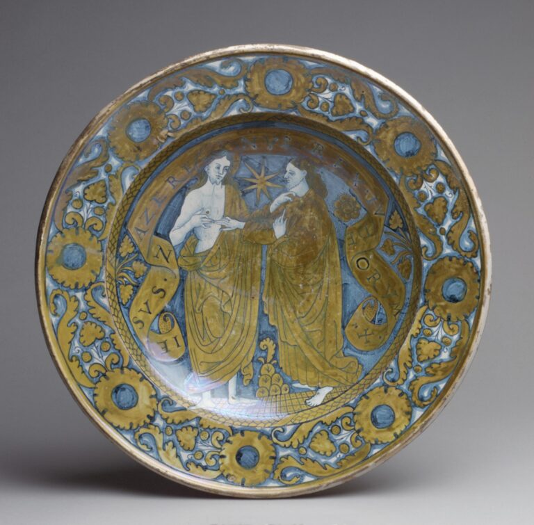 Maiolica dish depicting the risen Christ showing his wound to Saint Thomas