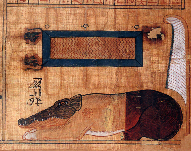 Ancient Egyptian depiction of Ammit, the composite devourer of the dead, from the Book of the Dead of Nebqed