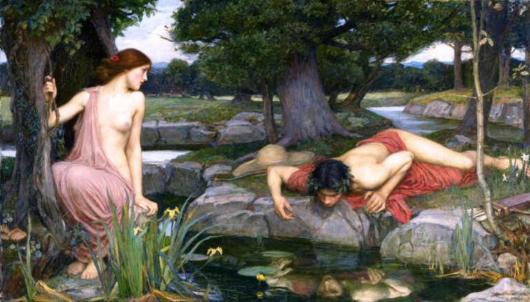 John William Waterhouse's Echo and Narcissus: Echo watches as Narcissus lies beside a pool absorbed in his own reflection.