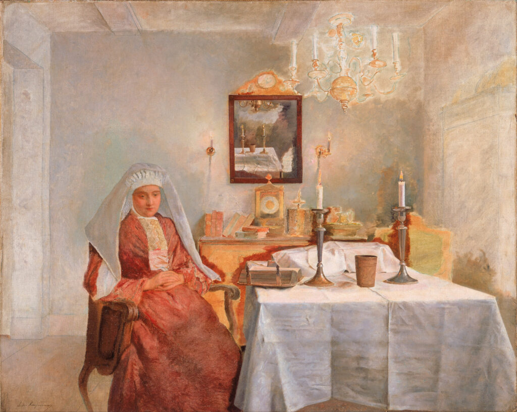 Isidor Kaufmann's Friday Evening, showing a Jewish woman beside a table prepared for the Sabbath