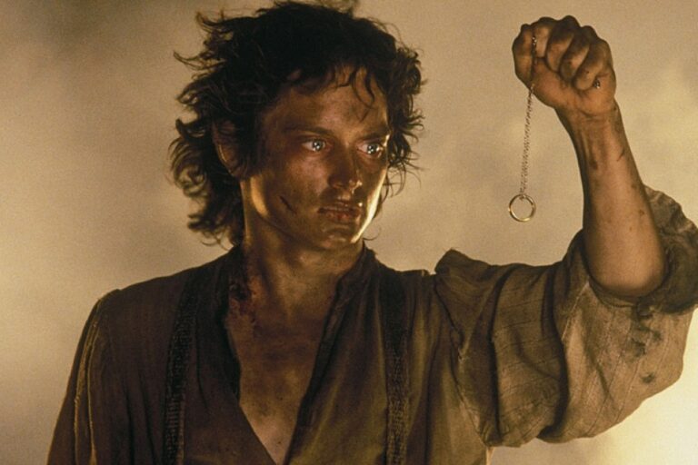 Frodo holding the One Ring at Mount Doom in The Lord of the Rings: The Return of the King.