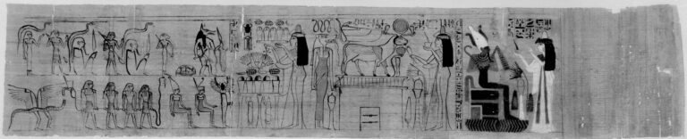 Ancient Egyptian funerary papyrus illustrating the Amduat, the sun god's nightly journey through the underworld
