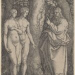 Heinrich Aldegrever's 1540 engraving showing God forbidding Adam and Eve to eat from the Tree of Knowledge.