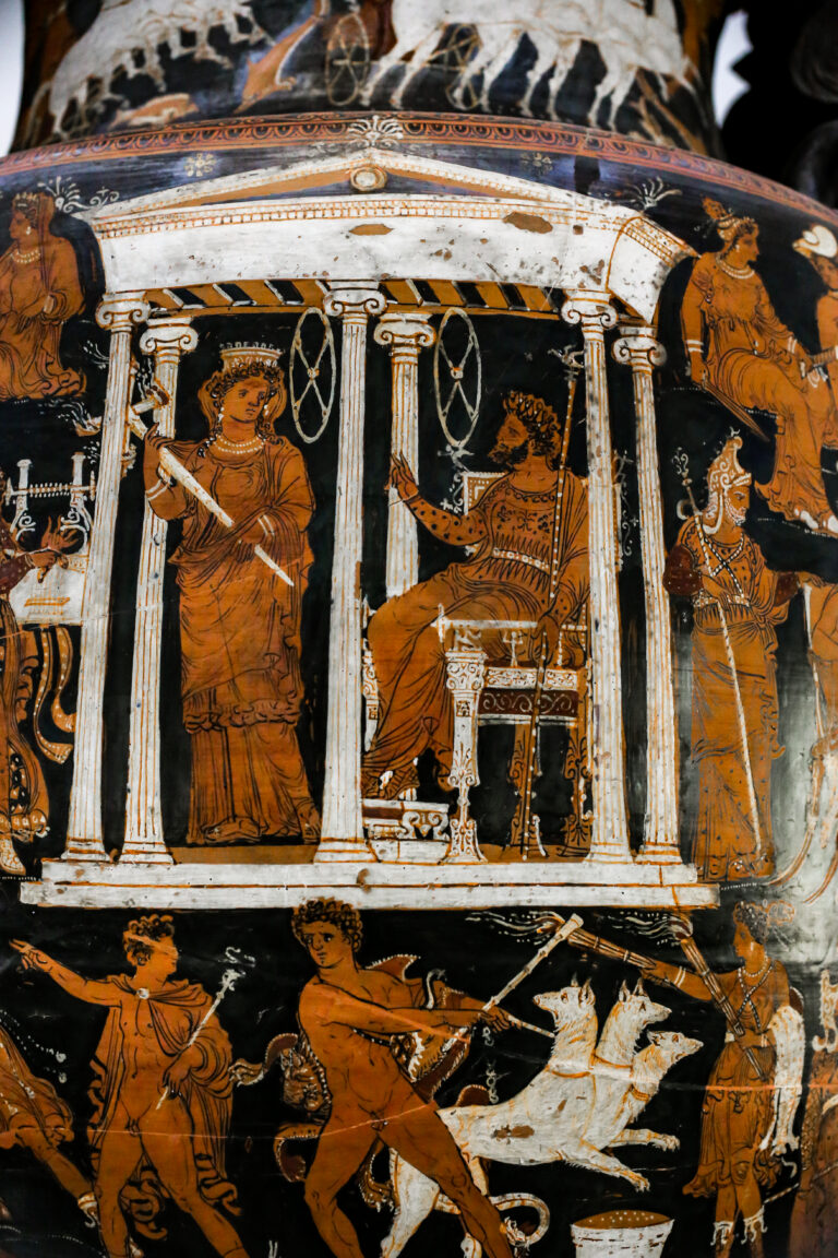 Apulian red-figure volute-krater showing Hades and Persephone in the underworld surrounded by figures including Orpheus, Sisyphus, Cerberus, Hekate, and the judges of the dead