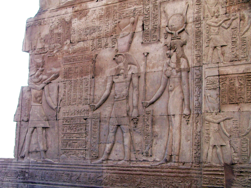 Ancient Egyptian wall relief of Haroeris, Horus the Elder, at the Temple of Kom Ombo