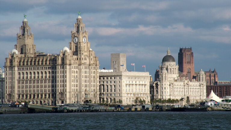 Photograph of Liverpool Pier Head with the Royal Liver Building, Cunard Building, and Port of Liverpool Building.