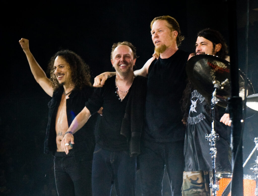 Metallica performing live at The O2 Arena in London in 2008, with James Hetfield, Lars Ulrich, Kirk Hammett, and Robert Trujillo