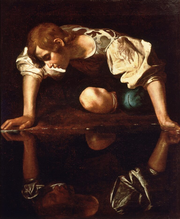 Caravaggio, Narcissus, showing Narcissus leaning over and gazing into his reflection.