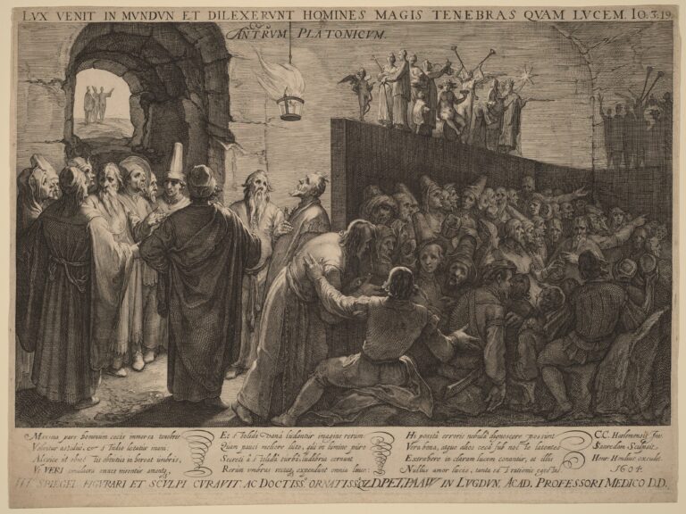 Saenredam's 1604 engraving of Plato's cave, with figures confined among shadows and an illuminated exit beyond.