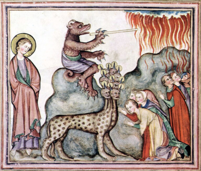 Medieval Cloisters Apocalypse illumination depicting the beast from the earth calling fire down from heaven in Revelation 13