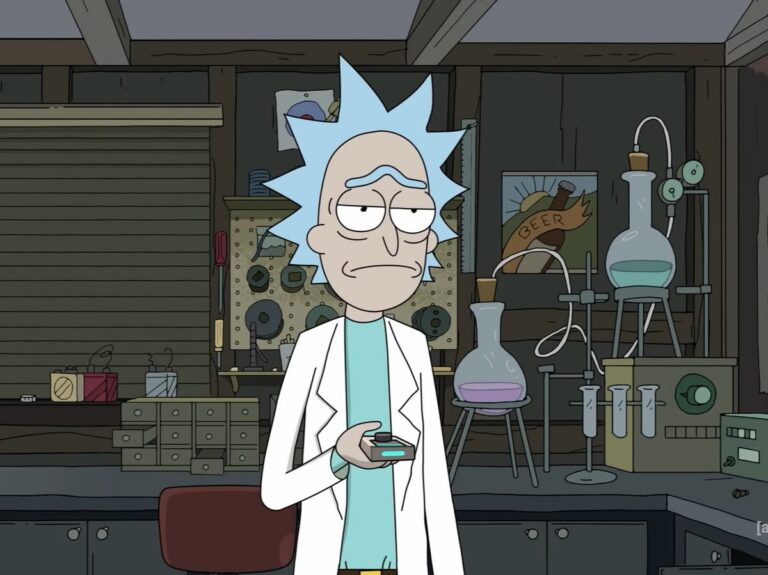 Rick Sanchez alone in his garage laboratory in Rick and Morty