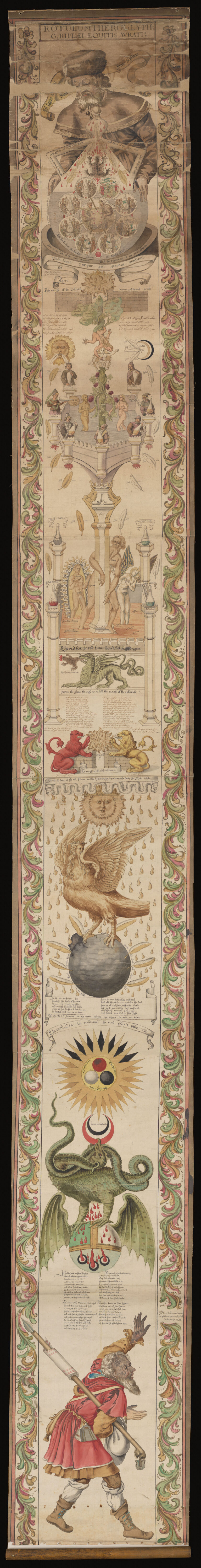 Section of the Ripley Scroll, an early seventeenth-century alchemical manuscript from Wellcome Collection, with symbolic figures and vessels.