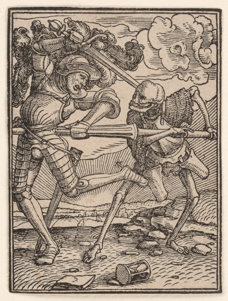 Hans Holbein the Younger woodcut The Knight from The Dance of Death, showing Death confronting an armored knight.