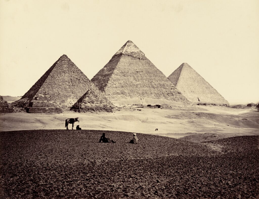 Francis Frith's 1858 photograph of the three pyramids of Giza viewed from the southwest across the desert
