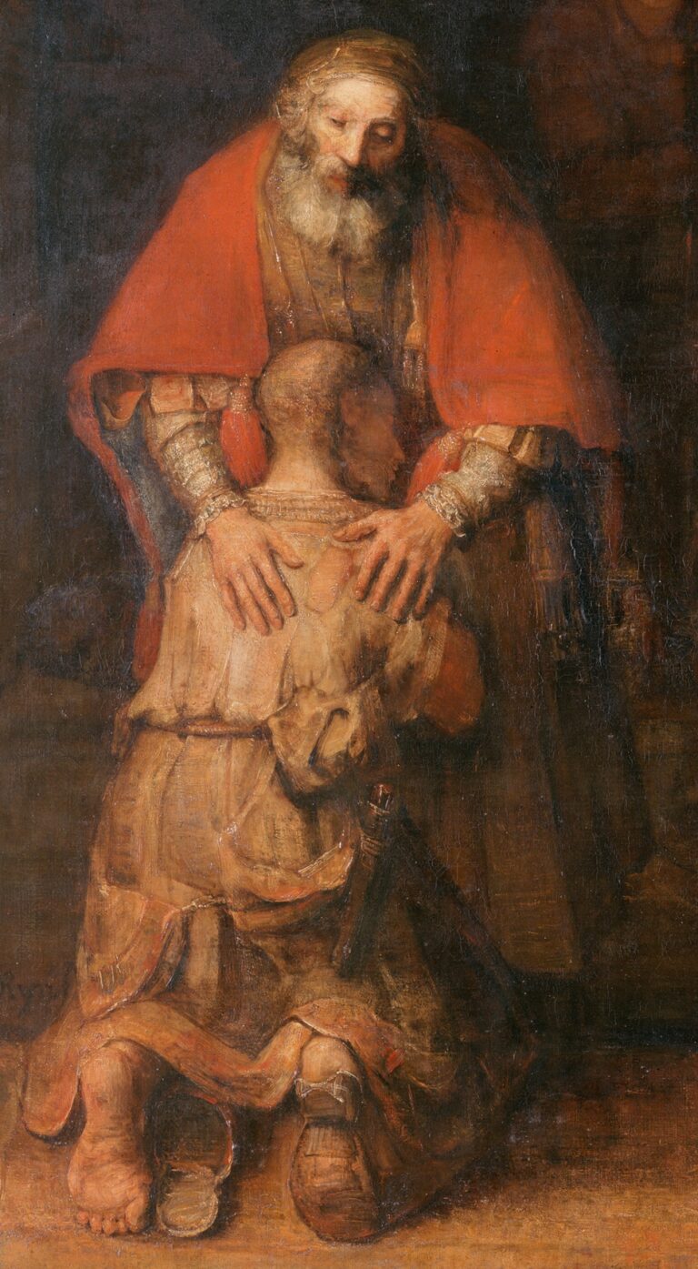 Rembrandt's The Return of the Prodigal Son, showing the returning son kneeling before his father