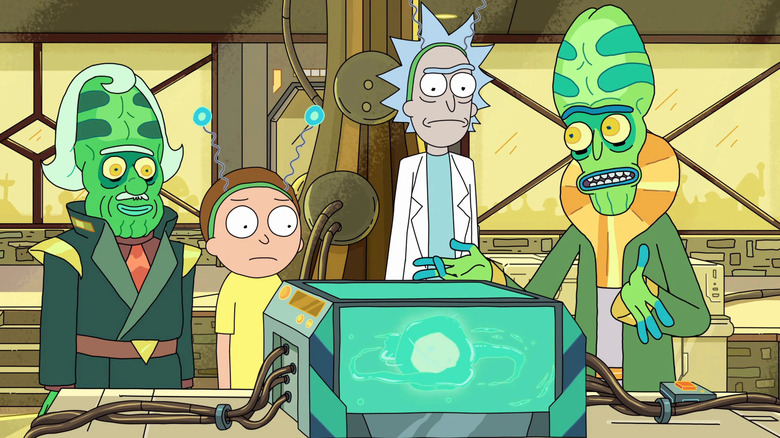 Rick, Morty, and Zeep Xanflorp beside the microverse battery in The Ricks Must Be Crazy