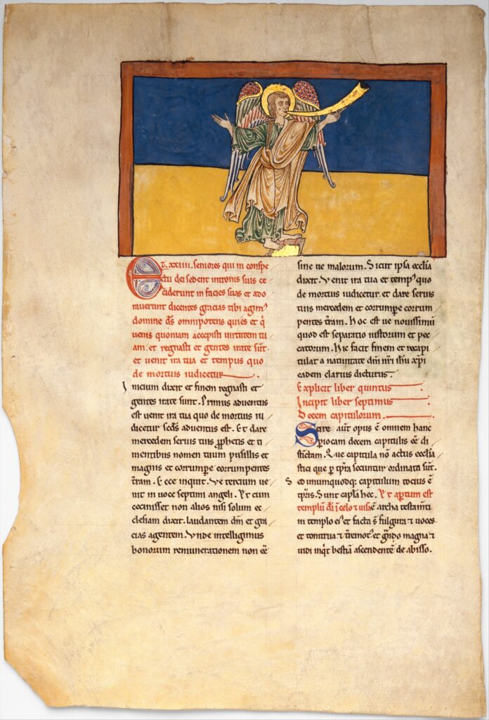 Spanish Beatus manuscript illumination of the Seventh Angel proclaiming the reign of the Lord from the Book of Revelation