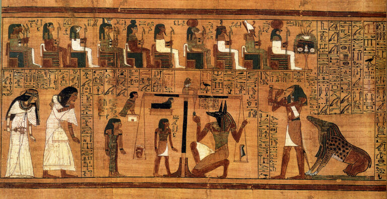 The Weighing of the Heart from the Papyrus of Ani, with Anubis weighing Ani's heart against the feather of Ma'at