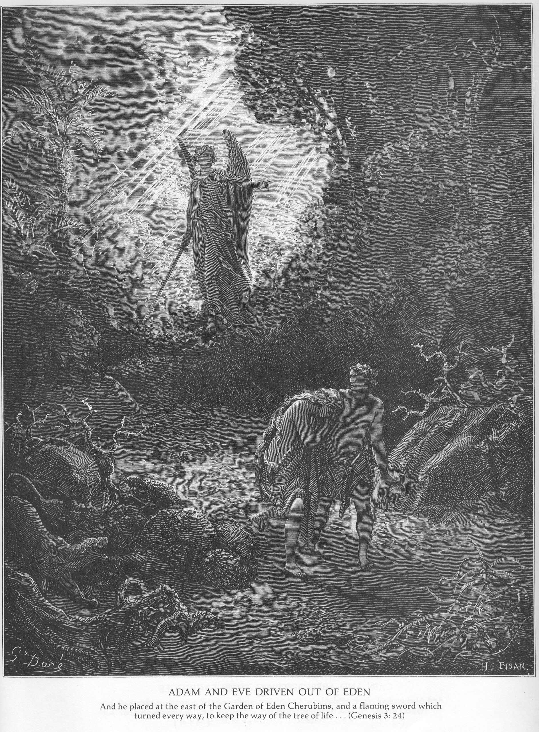Gustave Doré illustration of Adam and Eve driven from Eden, with the flaming sword guarding the way.