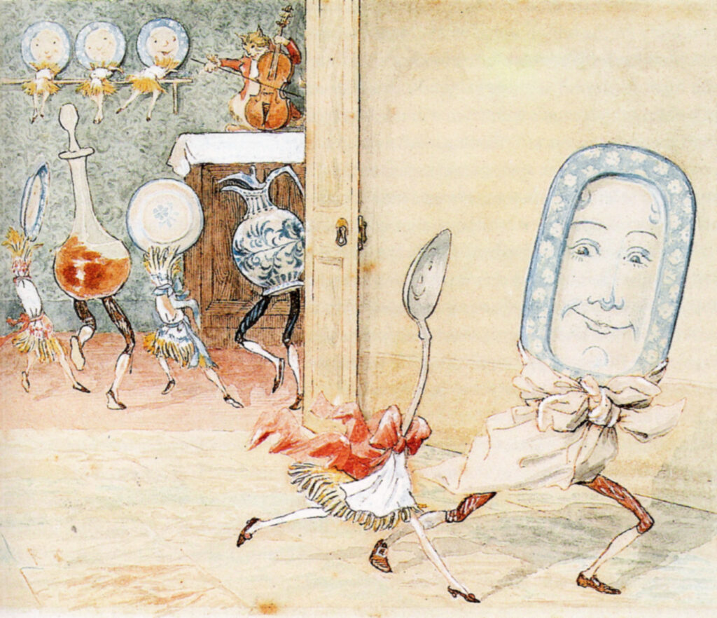 Randolph Caldecott illustration for Hey Diddle Diddle, showing the rhyme's animated household objects and comic inversion.
