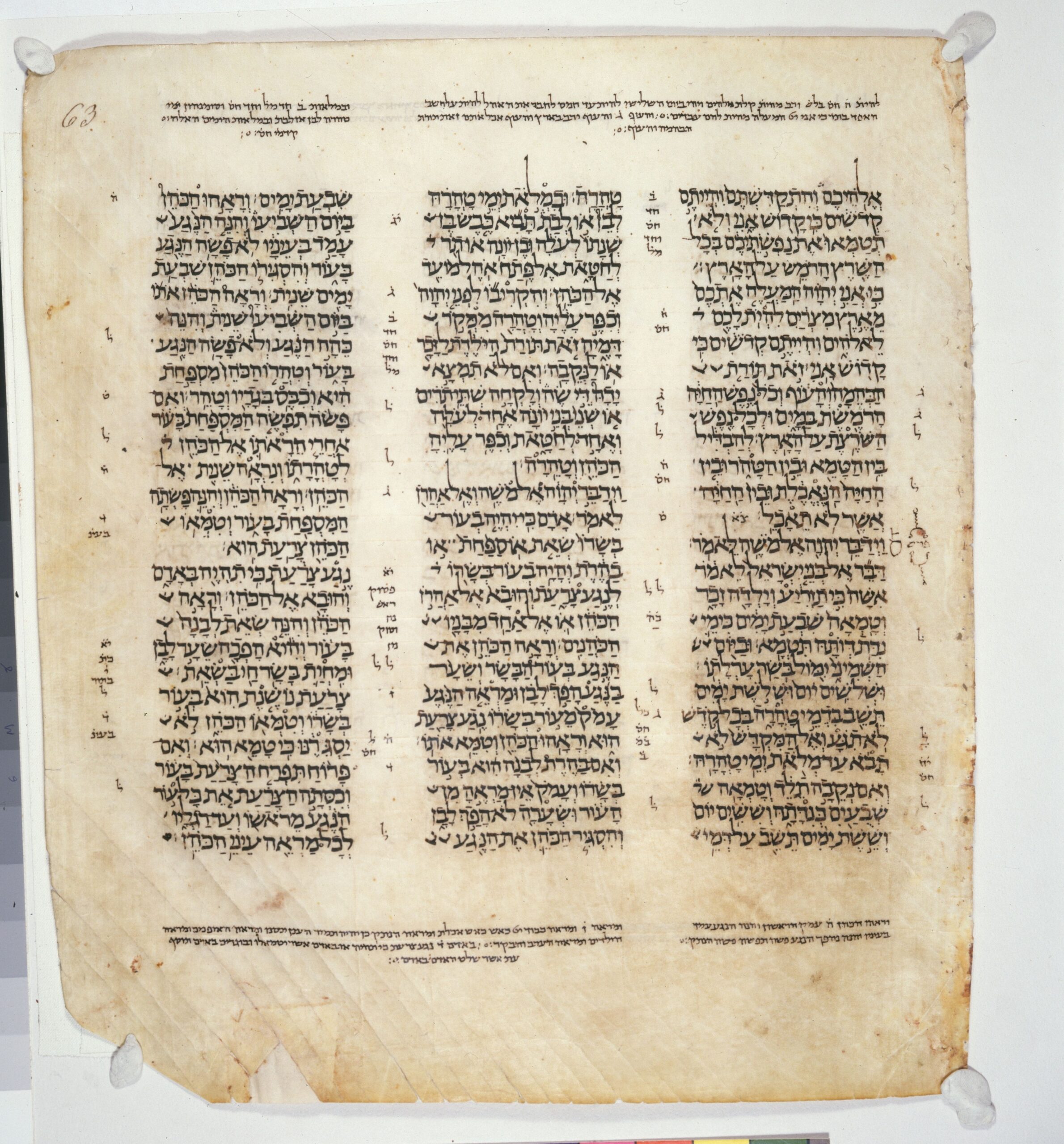 Leningrad Codex, folio 63r, containing Leviticus 11:44–13:12 in Hebrew.