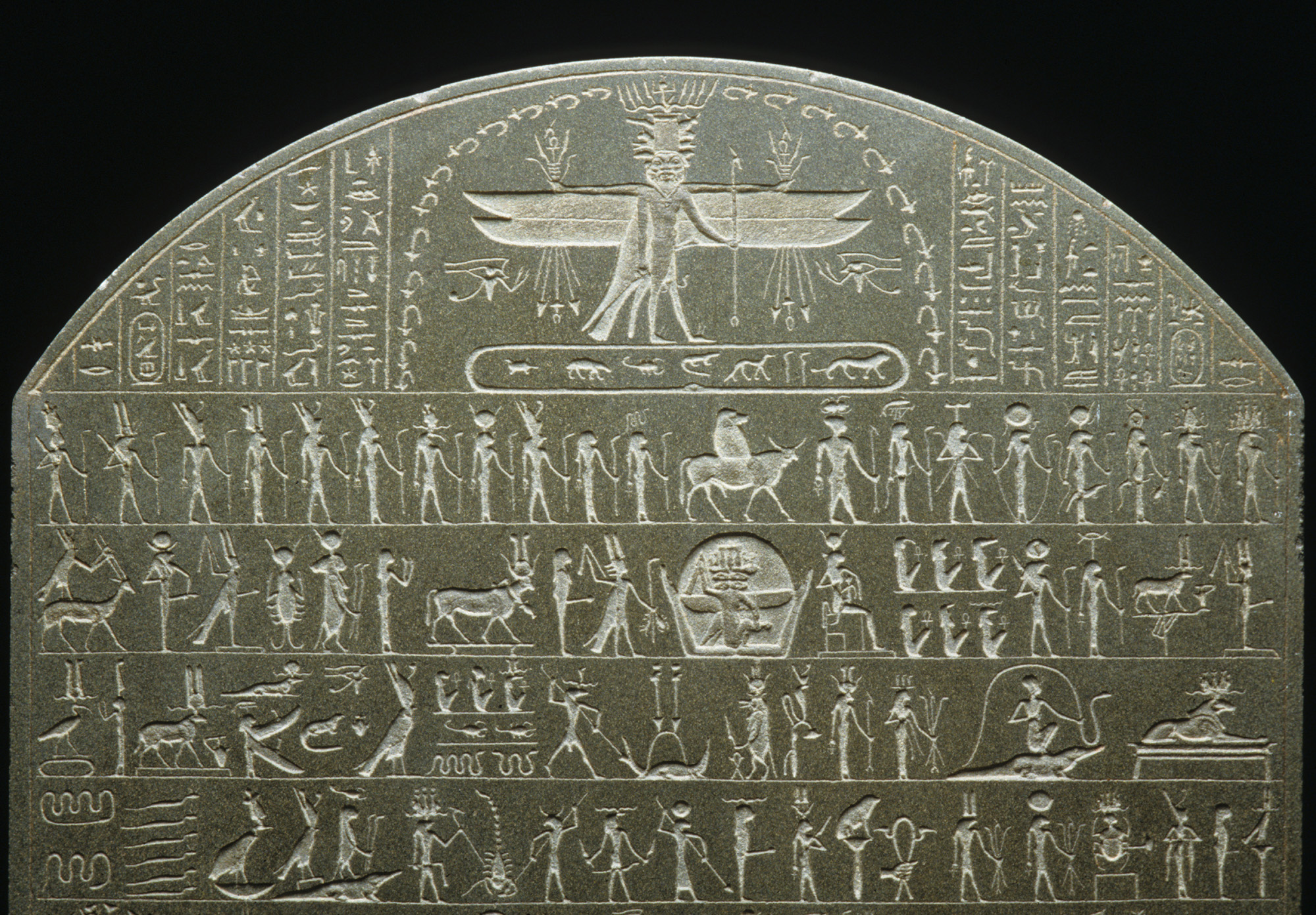 Late Period Egyptian magical stela, the Metternich Stela, used in protective and healing contexts.