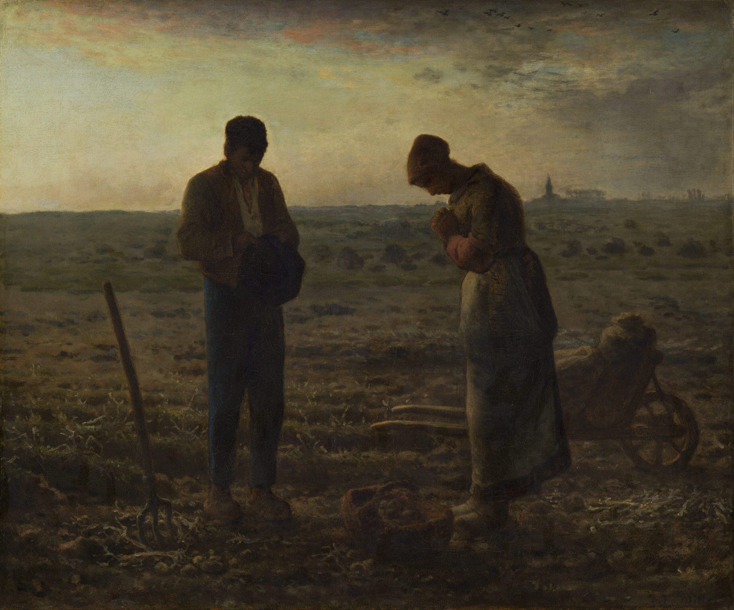 Jean-François Millet's The Angelus, showing two field workers pausing for prayer at dusk.