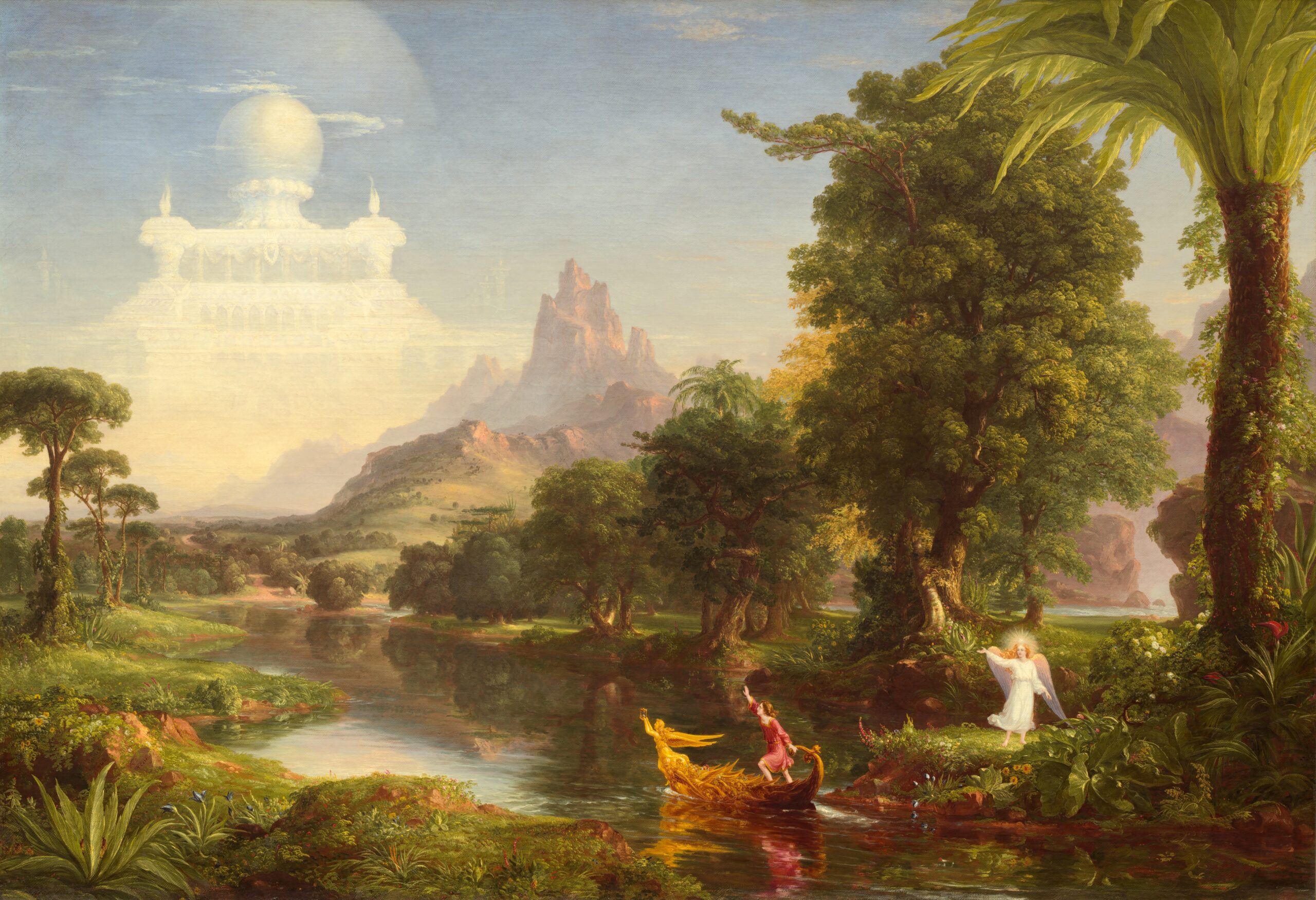 Thomas Cole's The Voyage of Life: Youth, showing a young traveler in a boat moving toward a luminous palace in the distance.