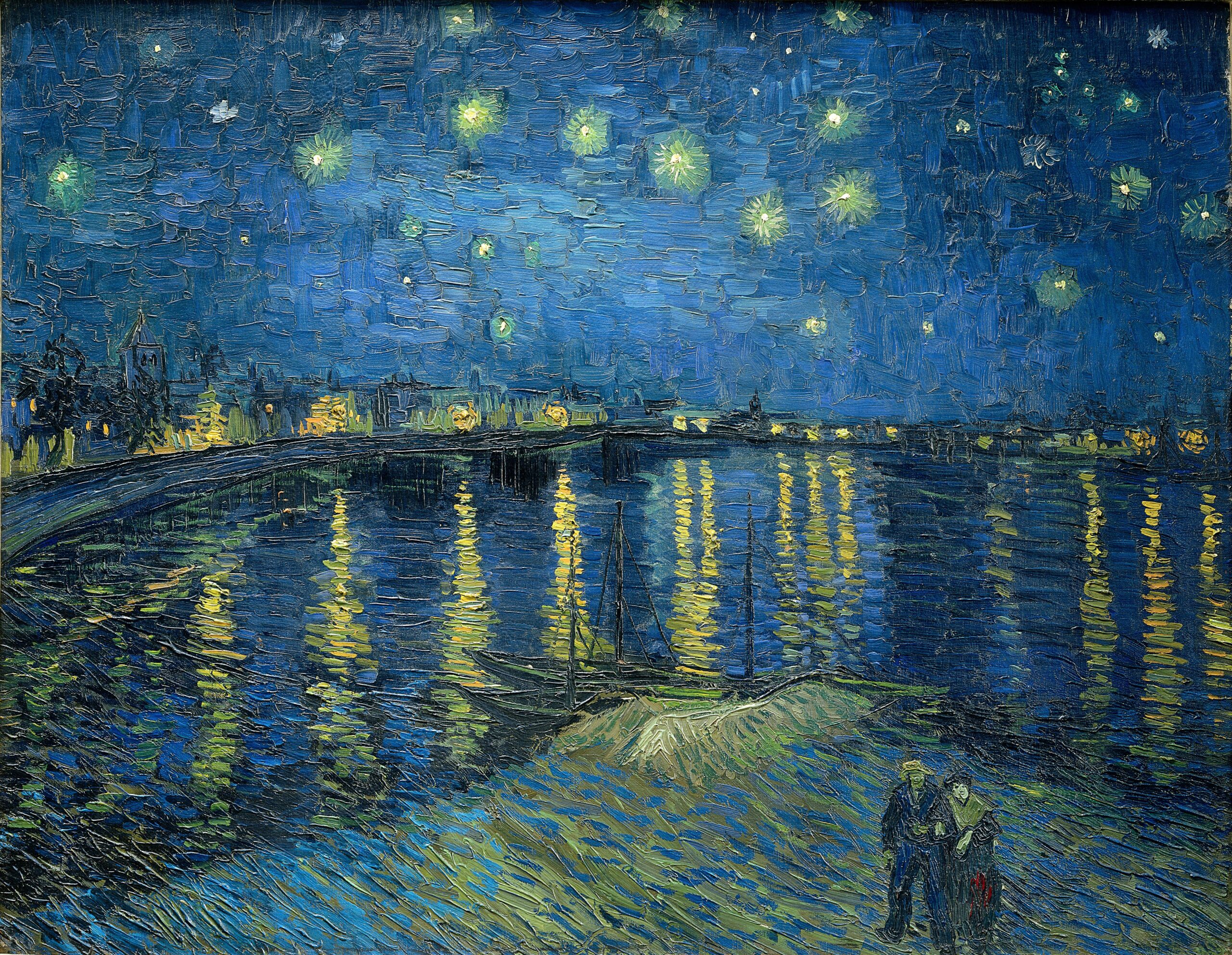 Vincent van Gogh's original Starry Night Over the Rhône, with reflected yellow lamplight on the blue river